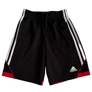Adidas Black Shorts White Side Stripes and Red Stripe Across Bottom with Pockets